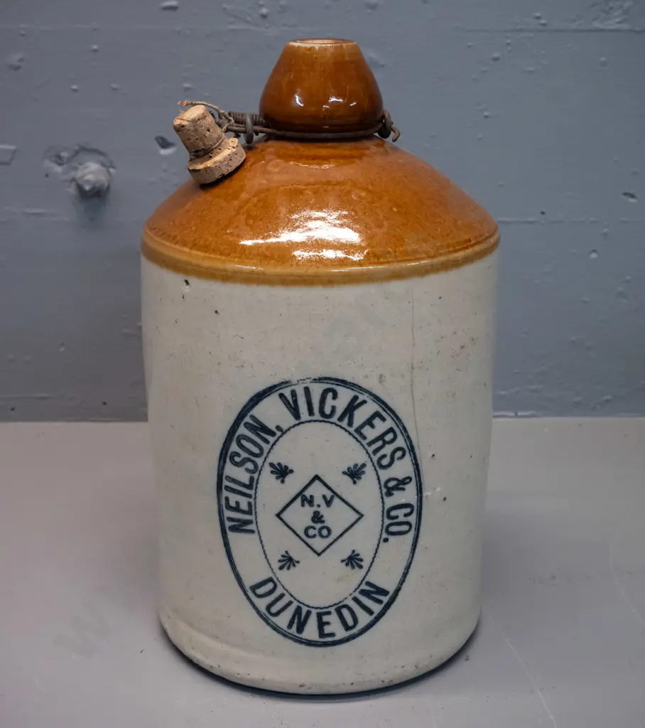 Neilson Vickers & Co Dunedin stoneware narrow-mouth crock with wire handle - hairline crack on front. H-340 D-200 Image 1++