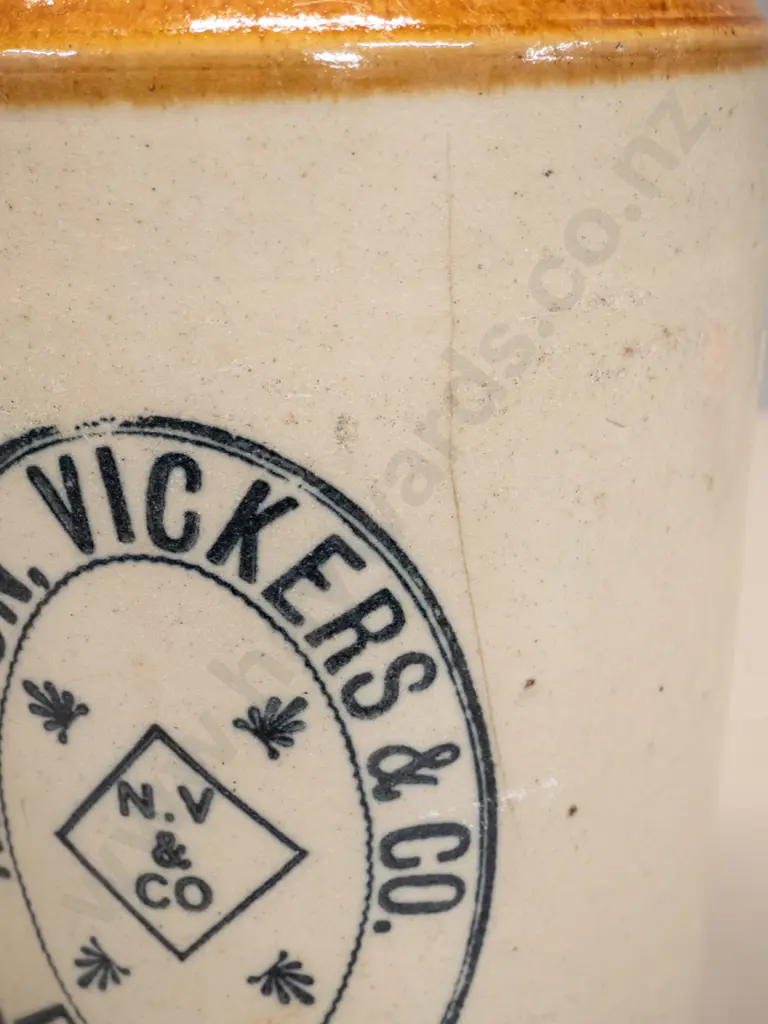 Neilson Vickers & Co Dunedin stoneware narrow-mouth crock with wire handle - hairline crack on front. H-340 D-200 Image 1++