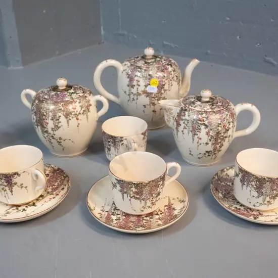 vintage 7-piece Satsuma tea set - 4 cups & only 3 saucers, tea pot is H-170