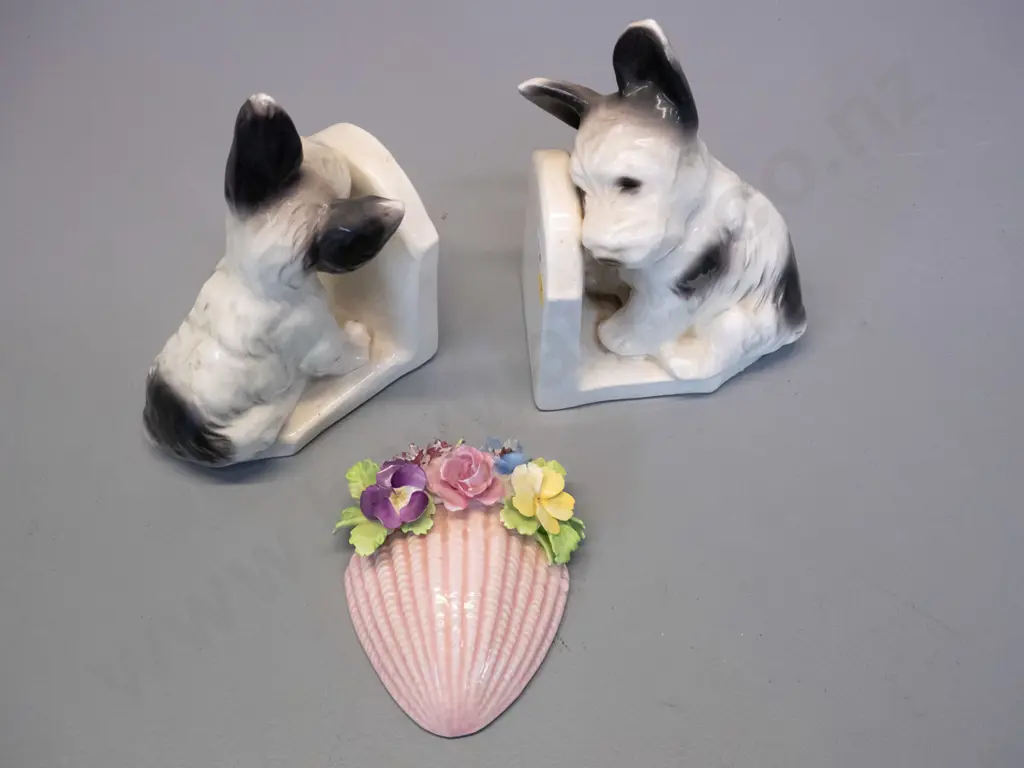 pair of china dog book-ends H- 165 W-110 and a small Sylvac floral wall pocket vase Image 1++