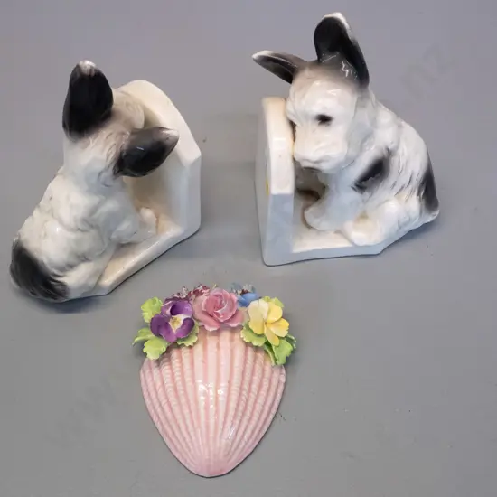 pair of china dog book-ends H- 165 W-110 and a small Sylvac floral wall pocket vase