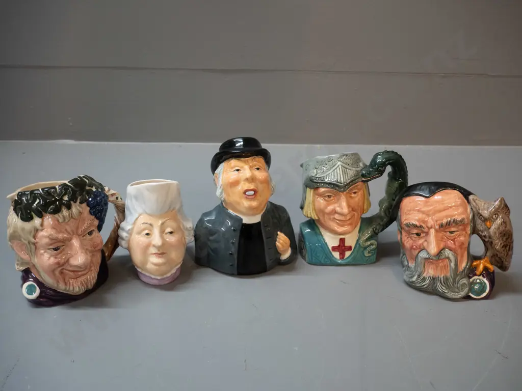 5 small character jugs: 3 Royal Doulton - Bacchus, St George & Merlin & 2 Staffordshire Morlor:  Vicar of Bray H120 and Image 1++