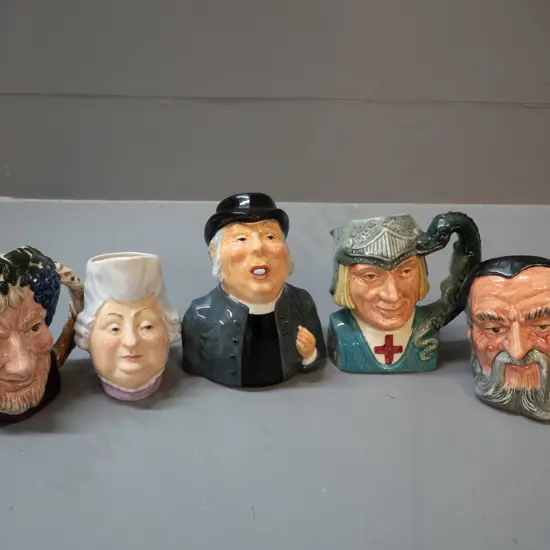 5 small character jugs: 3 Royal Doulton - Bacchus, St George & Merlin & 2 Staffordshire Morlor:  Vicar of Bray H120 and