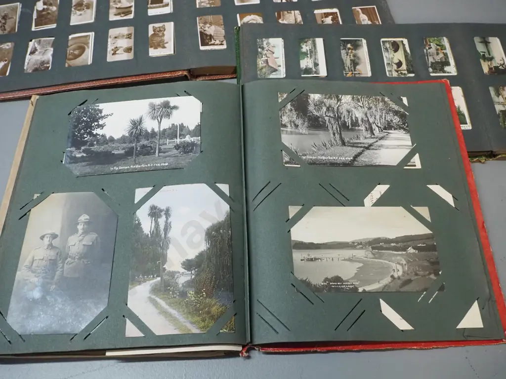 postcard album and 2 cigarette card collector's albums with assorted contents - postcards include Dunedin and other NZ Image 1++