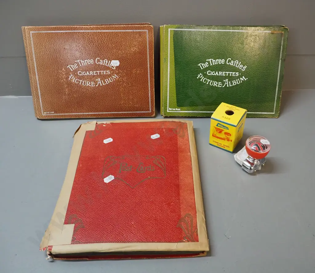 postcard album and 2 cigarette card collector's albums with assorted contents - postcards include Dunedin and other NZ Image 1++