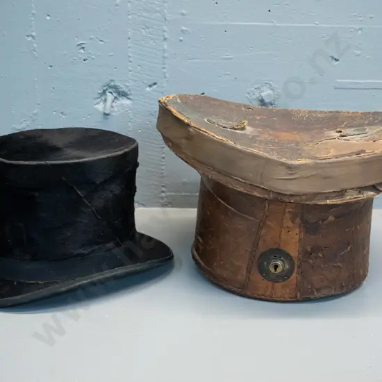 vintage top hat in leather case - Christy's London and Patent Felt Band labels in hat - tear thru hat, extensive damage