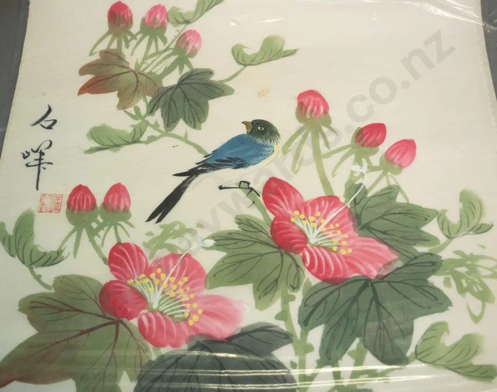3 unmounted asian bird and flower prints on fabric H-380 W-290 Image 1++