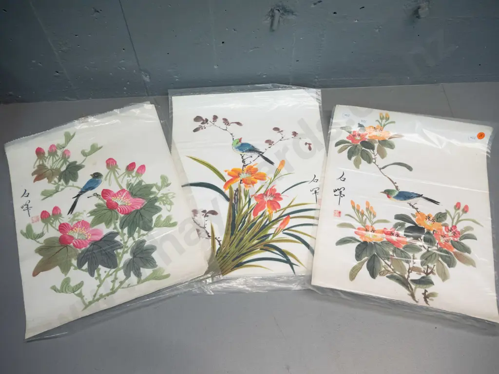 3 unmounted asian bird and flower prints on fabric H-380 W-290 Image 1++