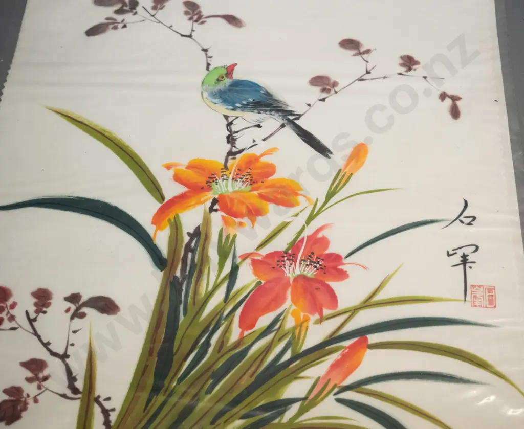 3 unmounted asian bird and flower prints on fabric H-380 W-290 Image 1++