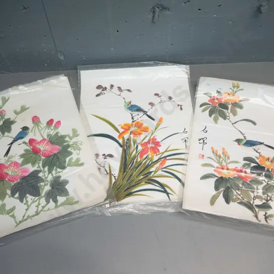 3 unmounted asian bird and flower prints on fabric H-380 W-290