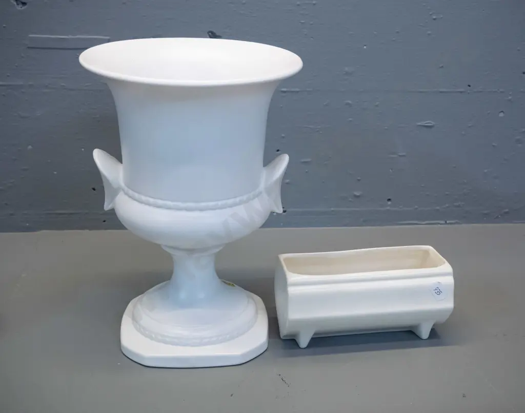 Crown Lynn double handled urn vase with No 999 mark H-235 and a small trough marked '55' with small chip to base Image 1++