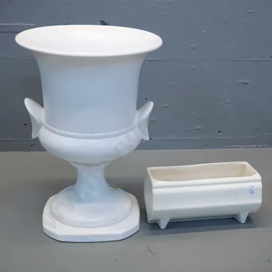 Crown Lynn double handled urn vase with No 999 mark H-235 and a small trough marked '55' with small chip to base