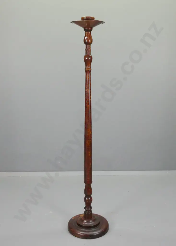 tall timber torchiere candle stand with faux wood grain finish, copper drip tray at top, on circular base, some candle Image 1++