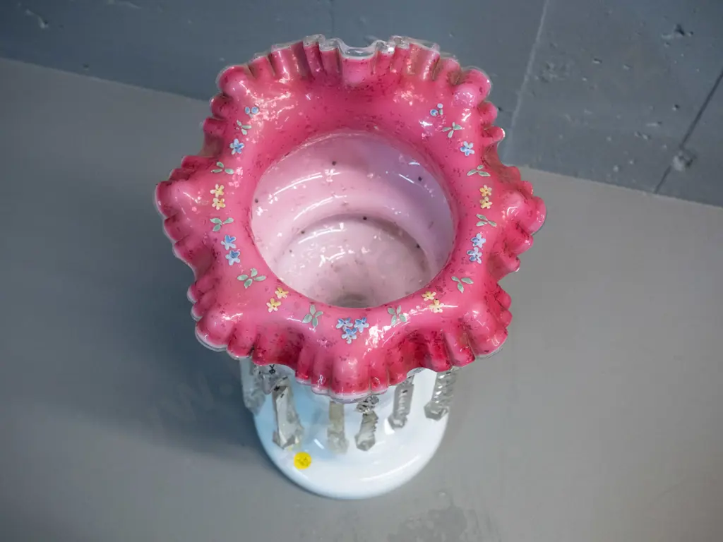 vintage milk glass and pink frilled-rim lustre vase - 2 lustres missing H-360 D-210 Image 1++