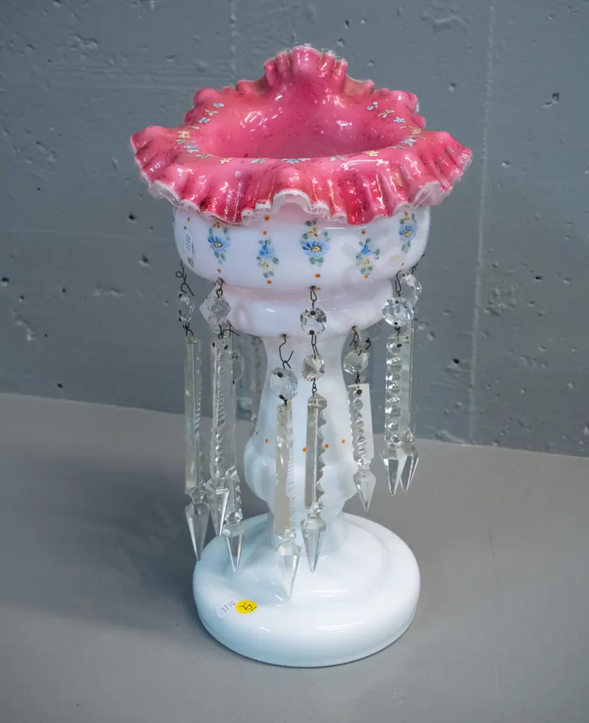 vintage milk glass and pink frilled-rim lustre vase - 2 lustres missing H-360 D-210 Image 1++