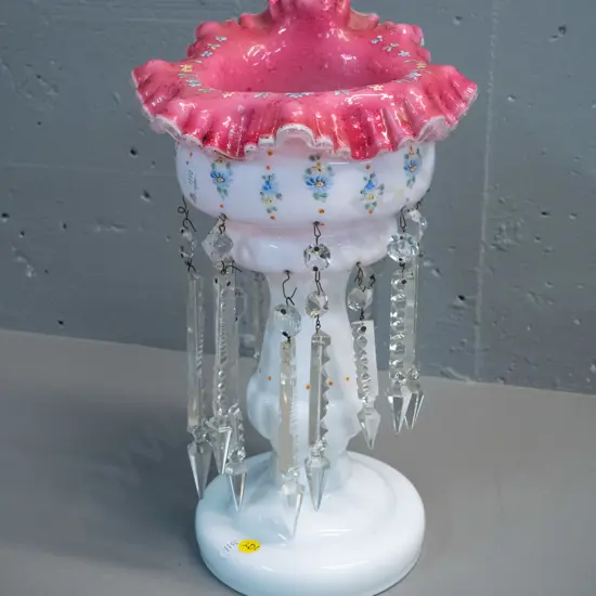 vintage milk glass and pink frilled-rim lustre vase - 2 lustres missing H-360 D-210