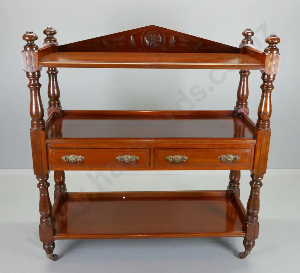 antique mahogany dumb waiter with 2 drawers, carved detail and turned columns, on porcelain & brass casters H1300 W1210 Image 1++
