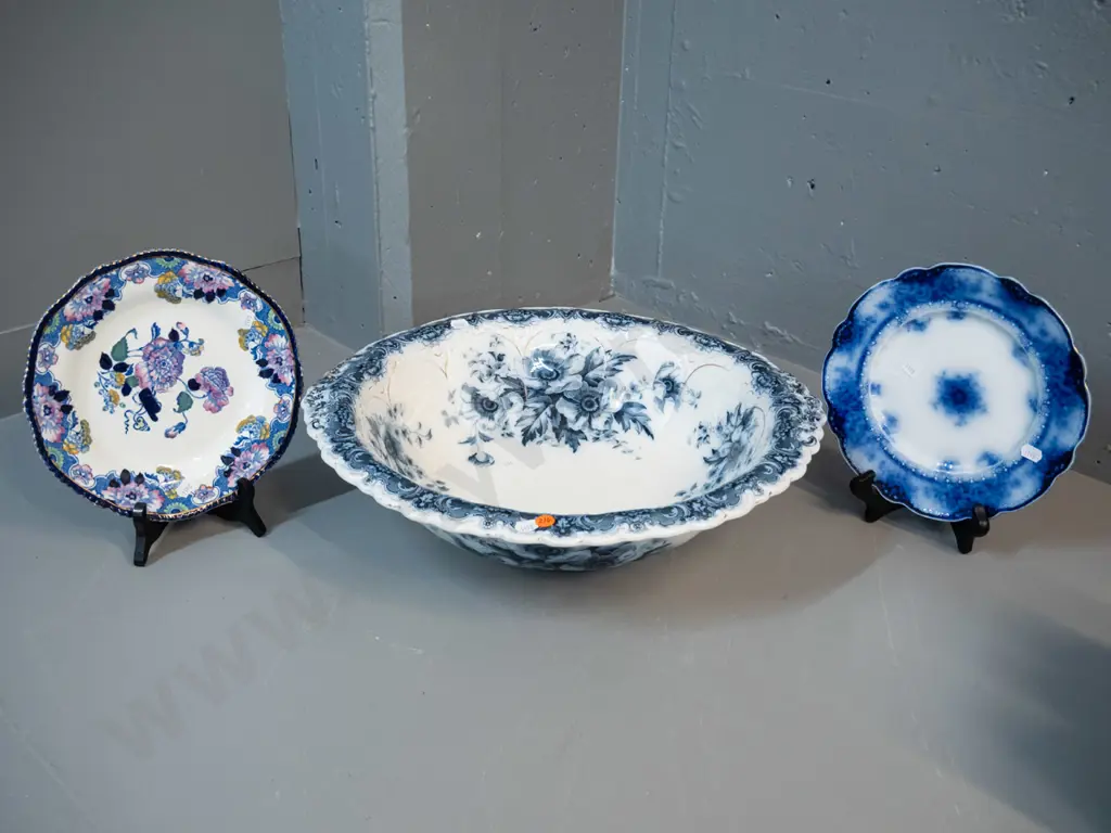 Late Mayers blue & white wash bowl D430, Wood & Sons Cambridge plate, and an English flow blue plate Image 1++