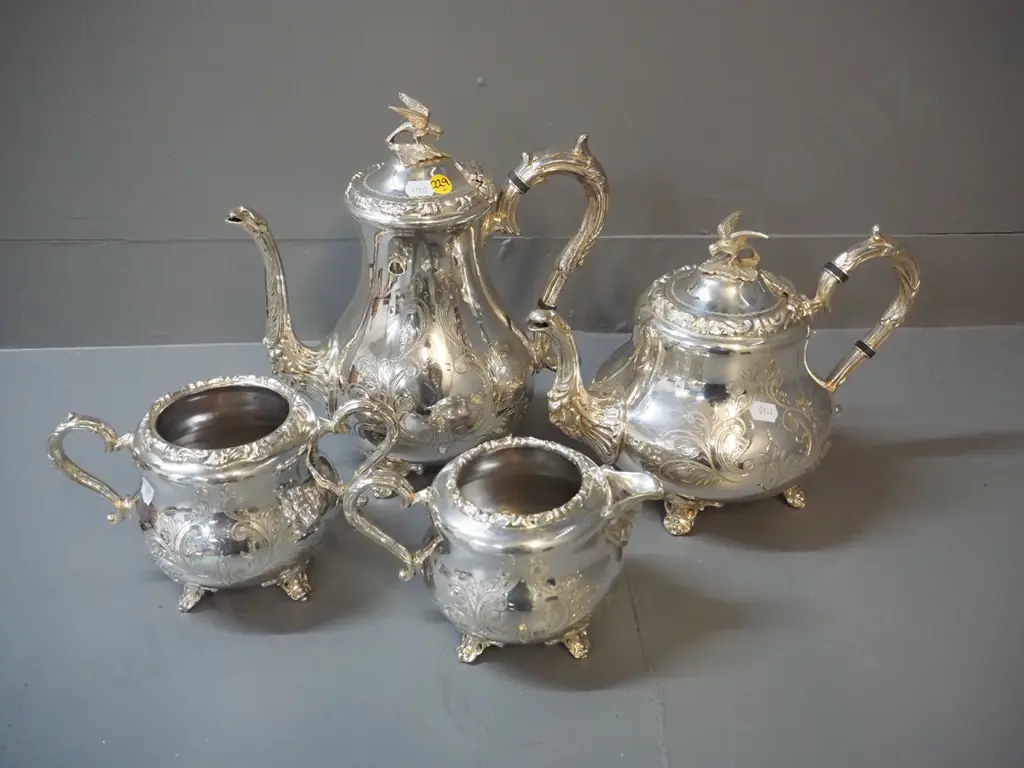 4 piece plated tea and coffee service - teapot, coffee pot, cream & sugar, with applied moulded decoration, bird finial Image 1++