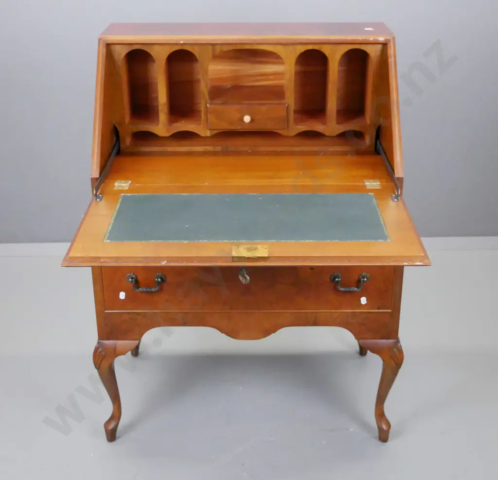 reproduction walnut drop front 2-drawer desk with inset leather writing pad, fitted pigeonholes, metal drop handles, Image 1++