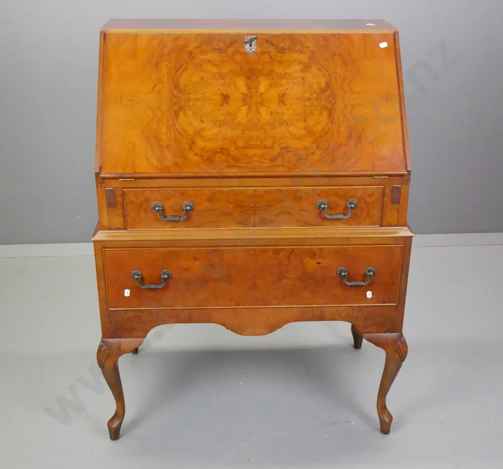 reproduction walnut drop front 2-drawer desk with inset leather writing pad, fitted pigeonholes, metal drop handles, Image 1++