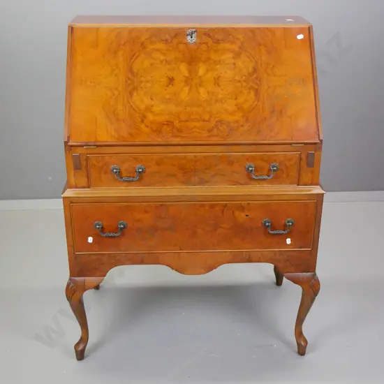 reproduction walnut drop front 2-drawer desk with inset leather writing pad, fitted pigeonholes, metal drop handles,