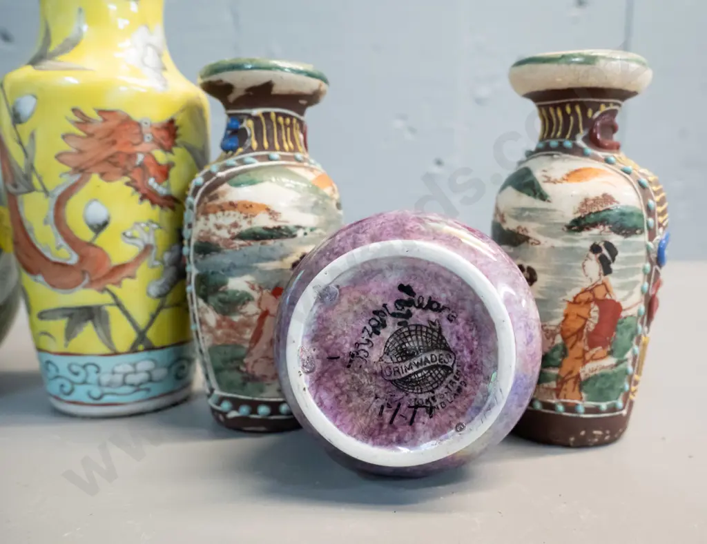 6 assorted small vases - Grimwades lustre, tall European with sterling silver rim, H-210, and 4 asian, Image 1++