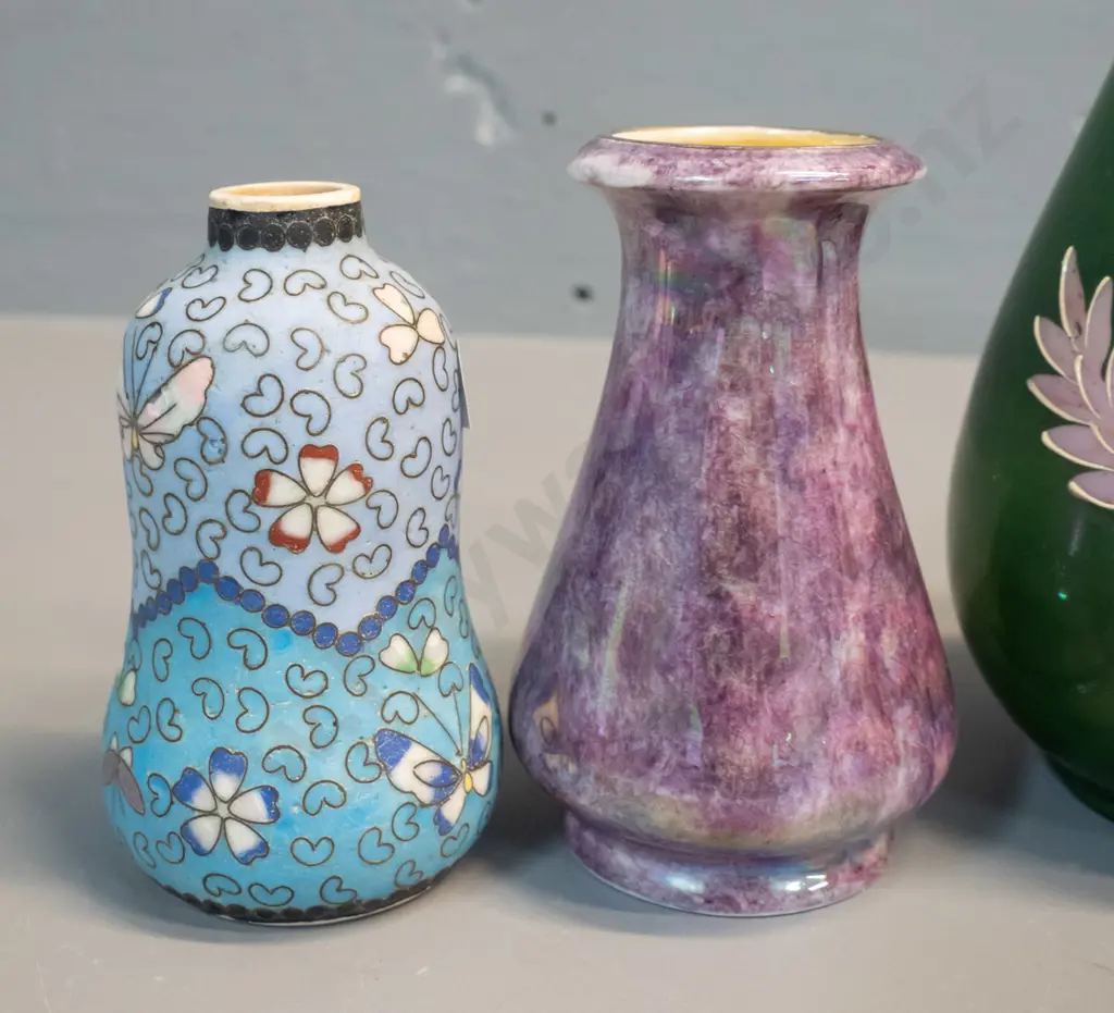 6 assorted small vases - Grimwades lustre, tall European with sterling silver rim, H-210, and 4 asian, Image 1++