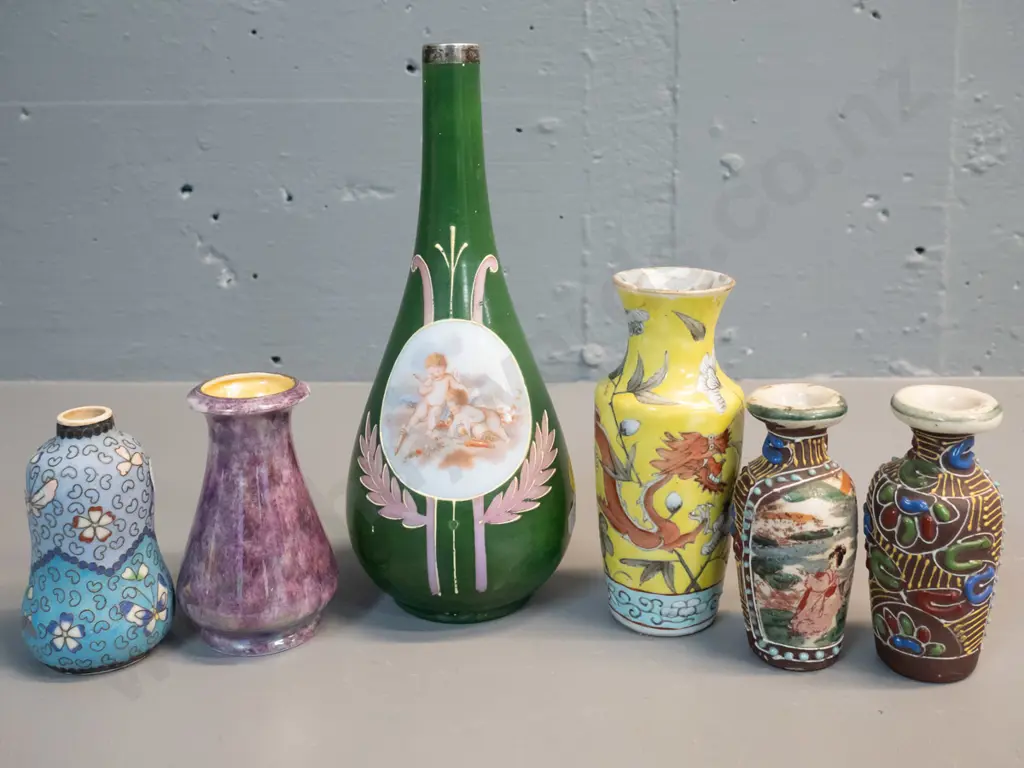 6 assorted small vases - Grimwades lustre, tall European with sterling silver rim, H-210, and 4 asian, Image 1++