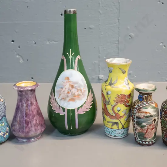 6 assorted small vases - Grimwades lustre, tall European with sterling silver rim, H-210, and 4 asian,