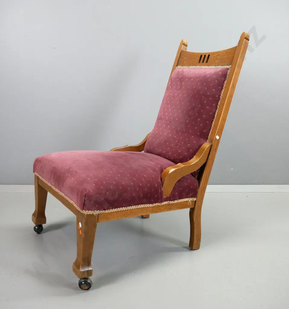 Edwardian oak lady's and gent's chairs on square tapered legs, purple velvet, mismatched casters - wear to surface. Image 1++