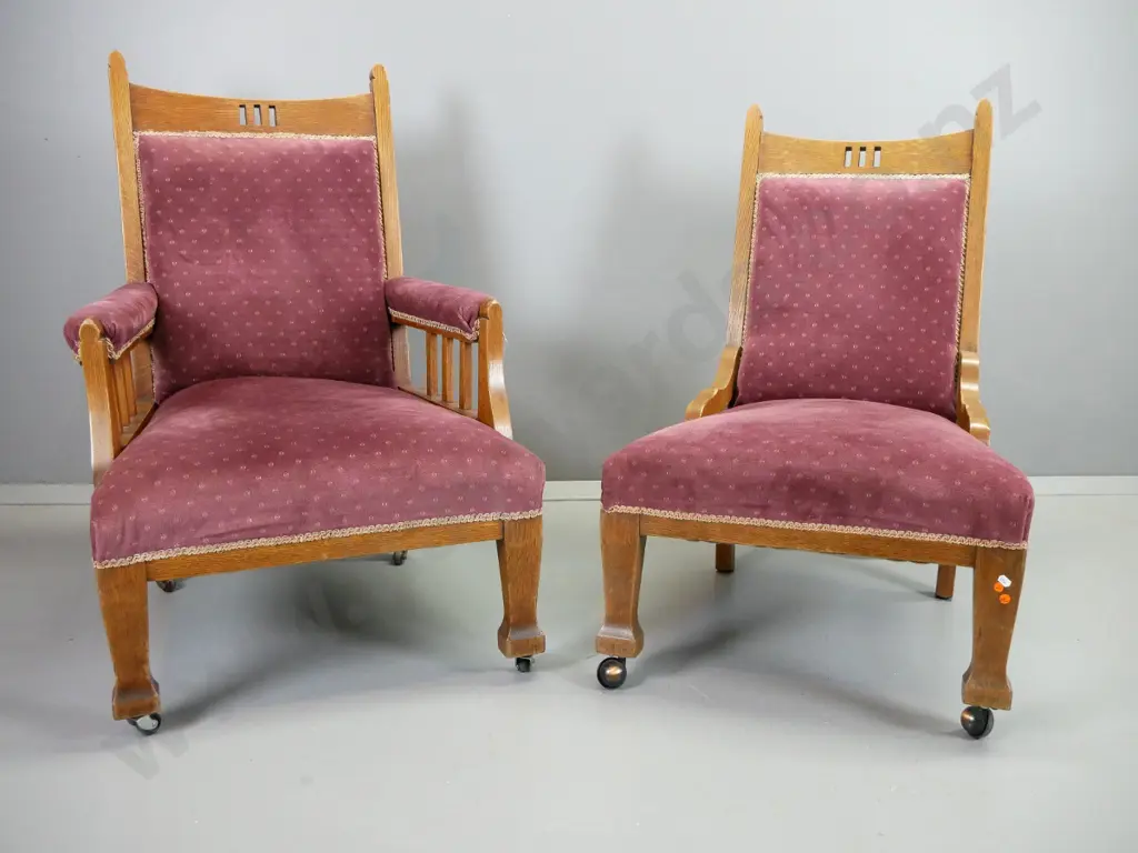 Edwardian oak lady's and gent's chairs on square tapered legs, purple velvet, mismatched casters - wear to surface. Image 1++
