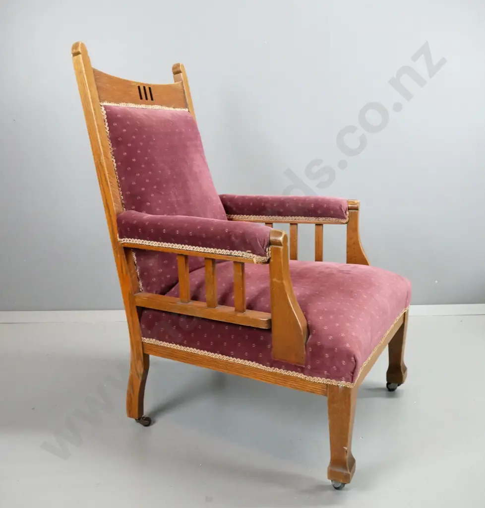 Edwardian oak lady's and gent's chairs on square tapered legs, purple velvet, mismatched casters - wear to surface. Image 1++