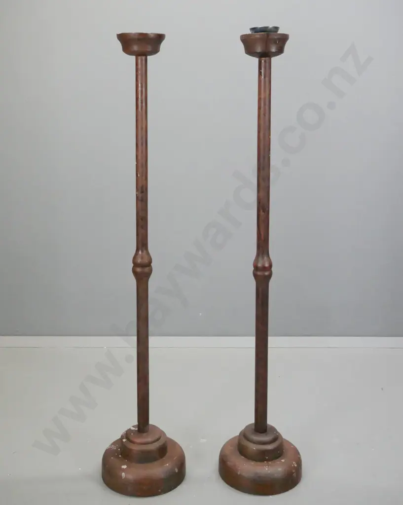 pair tall timber torchiere candle stand with faux wood grain finish, on circular base, only one has candle holder insert Image 1++