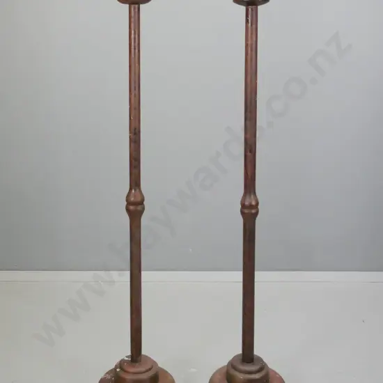 pair tall timber torchiere candle stand with faux wood grain finish, on circular base, only one has candle holder insert