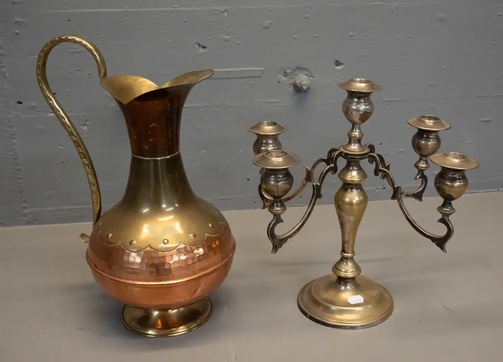 brass and copper jug on ring foot and a plated 5-candle candelabra - plating mostly worn off. Jug H-310 Image 1++