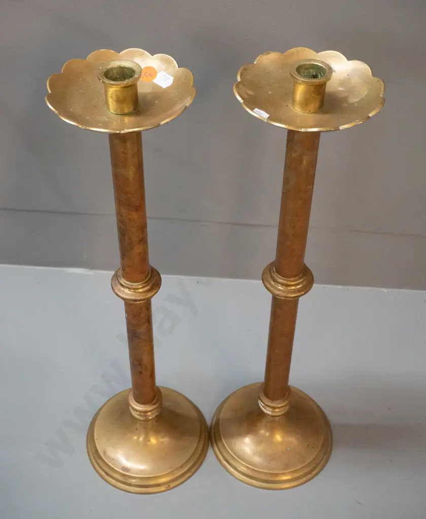 pair of brass ecclesiastical style candle holders - some age wear H-470 Image 1++