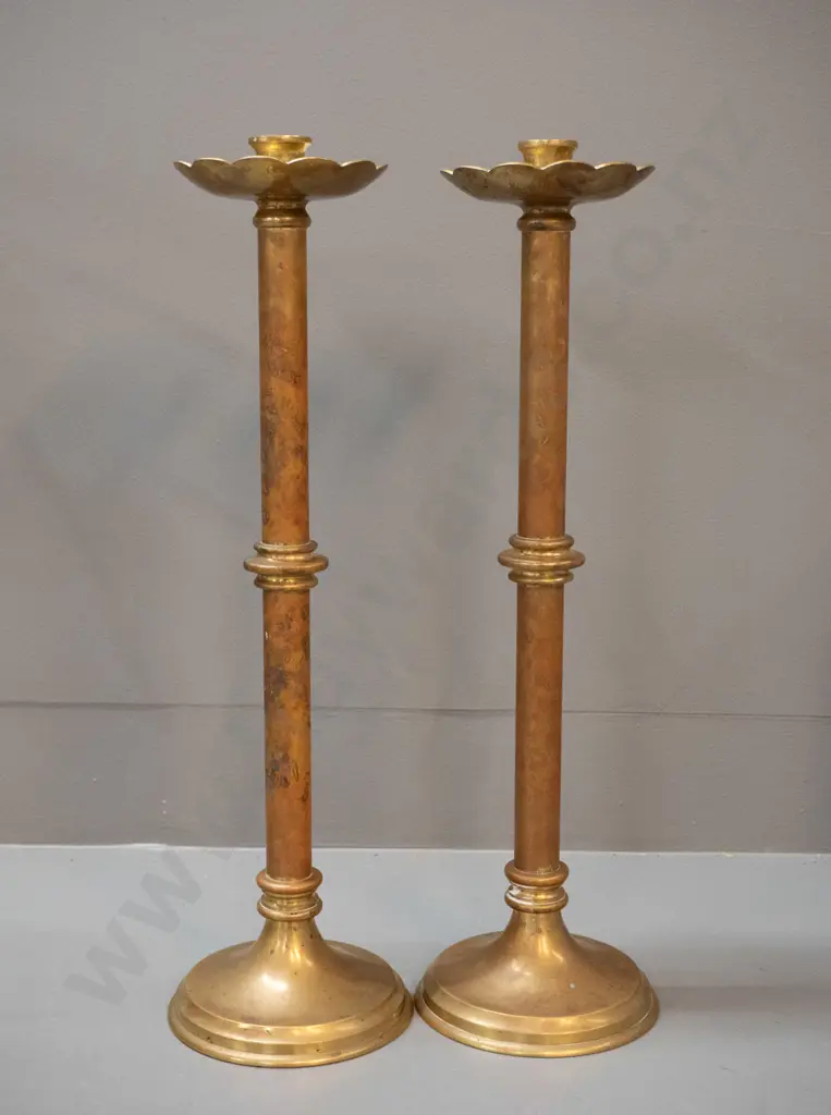 pair of brass ecclesiastical style candle holders - some age wear H-470 Image 1++