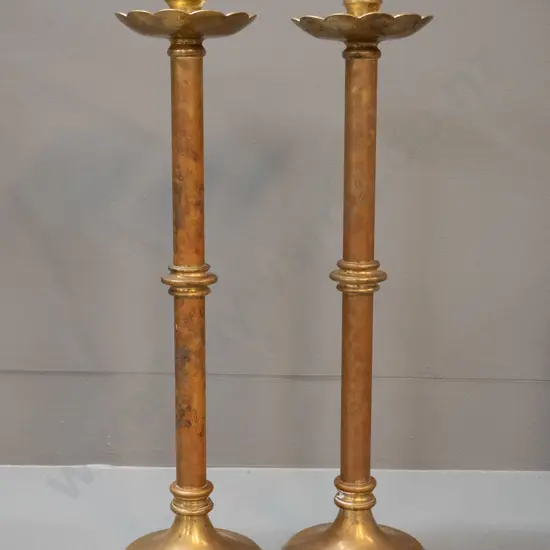 pair of brass ecclesiastical style candle holders - some age wear H-470