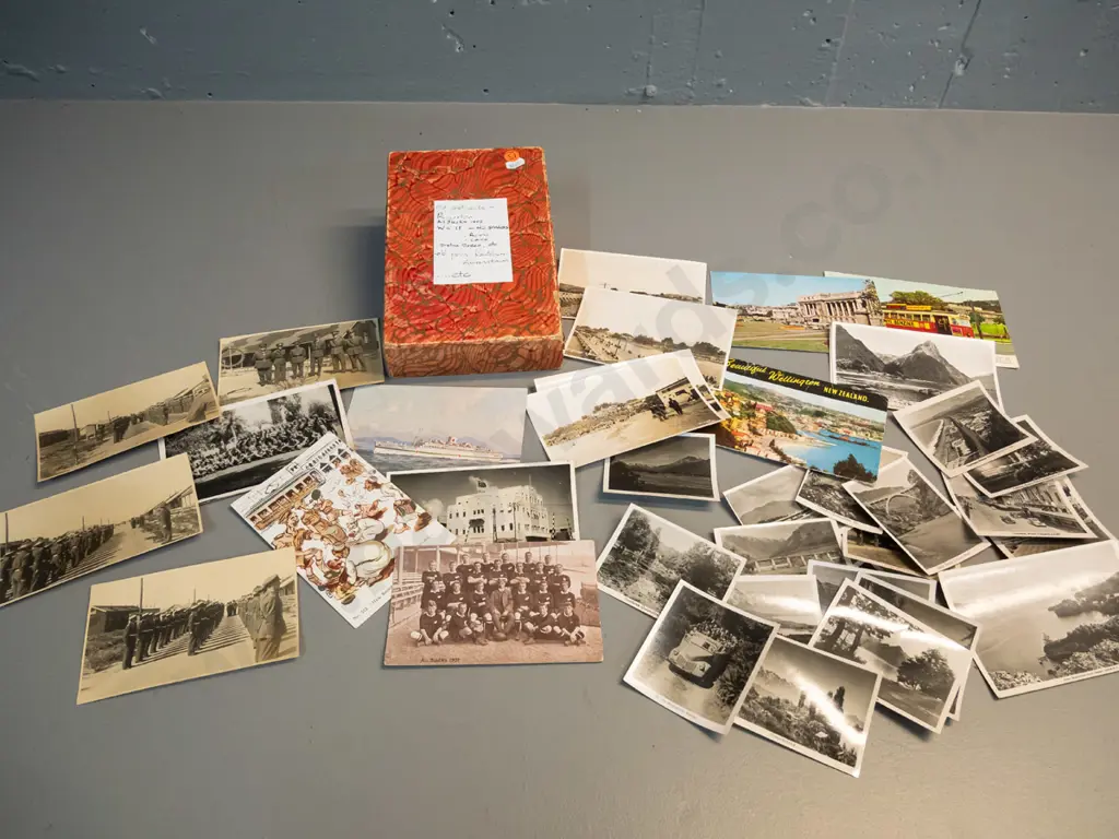 box of assorted real photo and other postcards, photos and souvenir travel photos including All Blacks 1907 post-card, Image 1++
