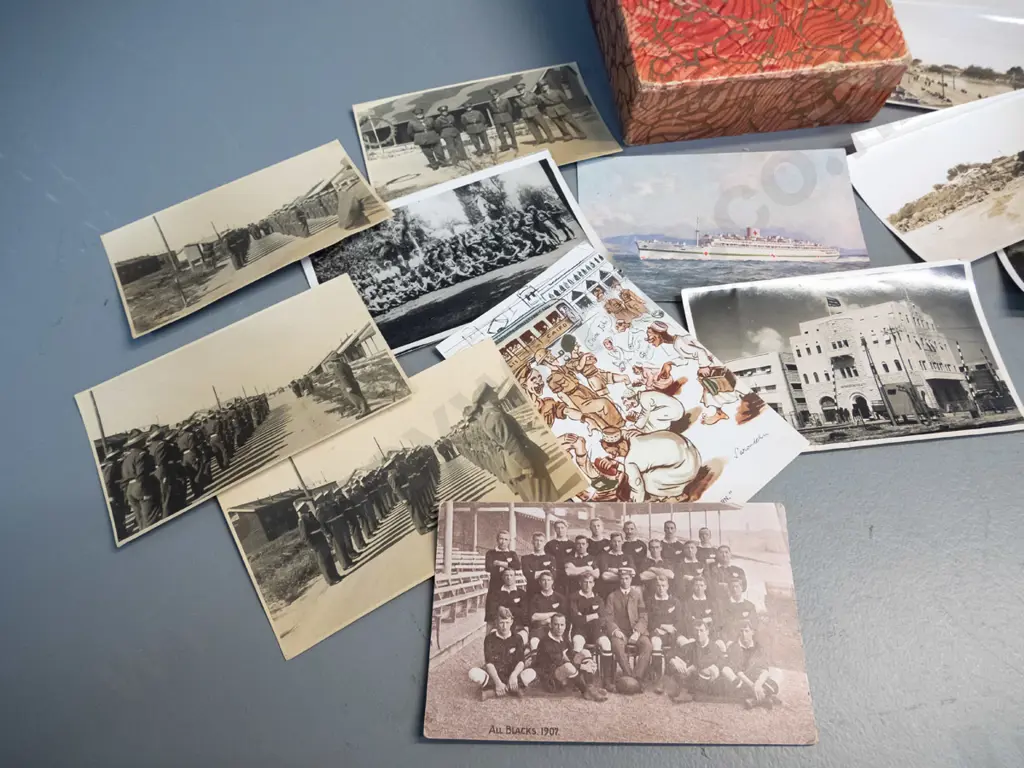 box of assorted real photo and other postcards, photos and souvenir travel photos including All Blacks 1907 post-card, Image 1++