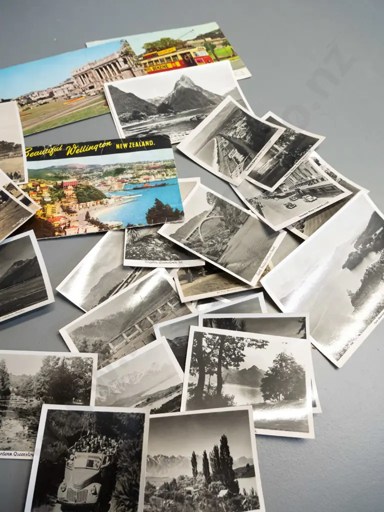 box of assorted real photo and other postcards, photos and souvenir travel photos including All Blacks 1907 post-card, Image 1++