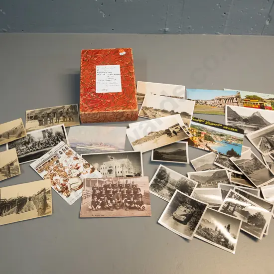 box of assorted real photo and other postcards, photos and souvenir travel photos including All Blacks 1907 post-card,