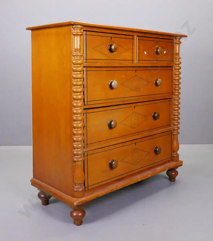colonial kauri 5-drawer chest with bobbin-turned half columns, round timber knobs, carved shield decoration to drawer Image 1++