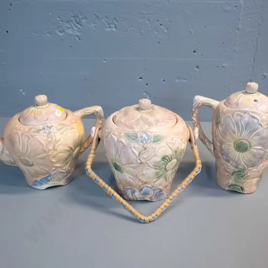 3 pieces of vintage Kensington Sunflower ware - teapot, coffee pot H-220 and biscuit barrel