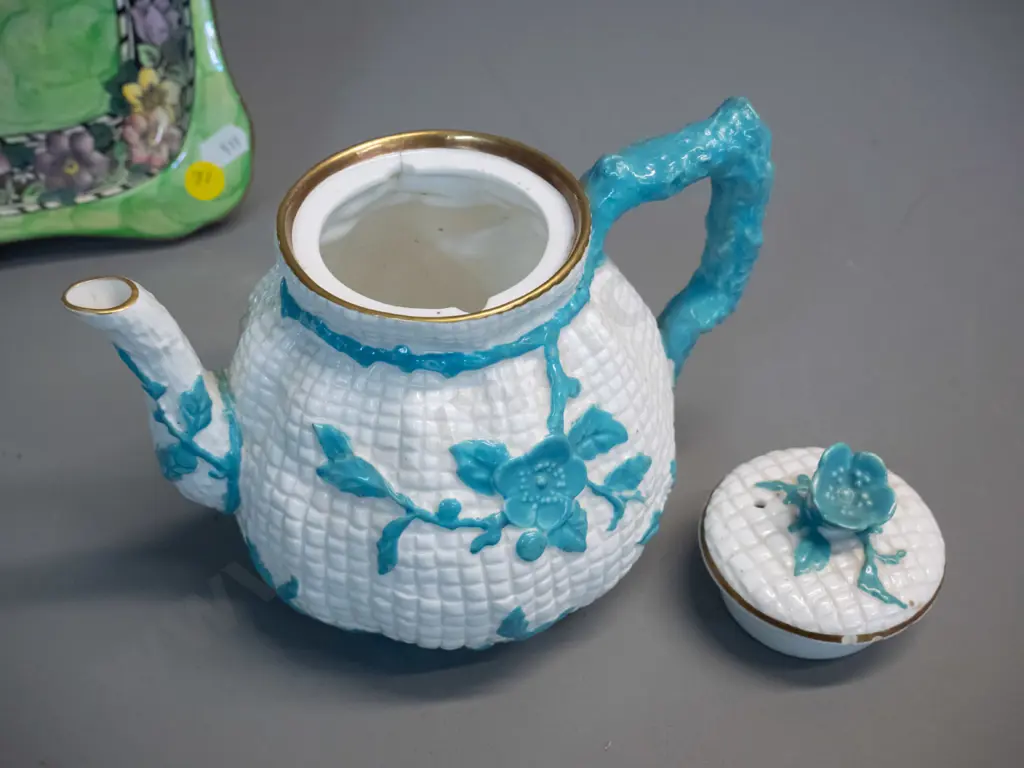 antique teapot with applied roses and rustic rose handle (crack to rim) and a Maling green thumbprint sandwich tray Image 1++