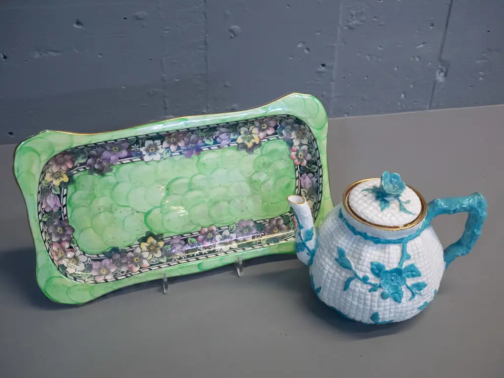 antique teapot with applied roses and rustic rose handle (crack to rim) and a Maling green thumbprint sandwich tray Image 1++