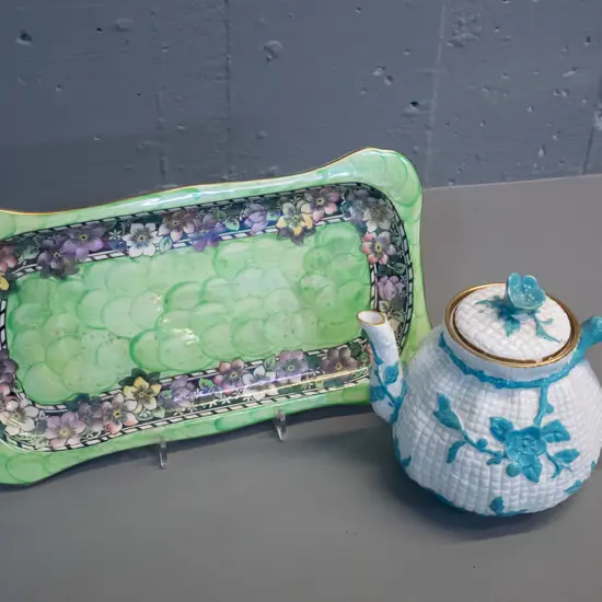 antique teapot with applied roses and rustic rose handle (crack to rim) and a Maling green thumbprint sandwich tray