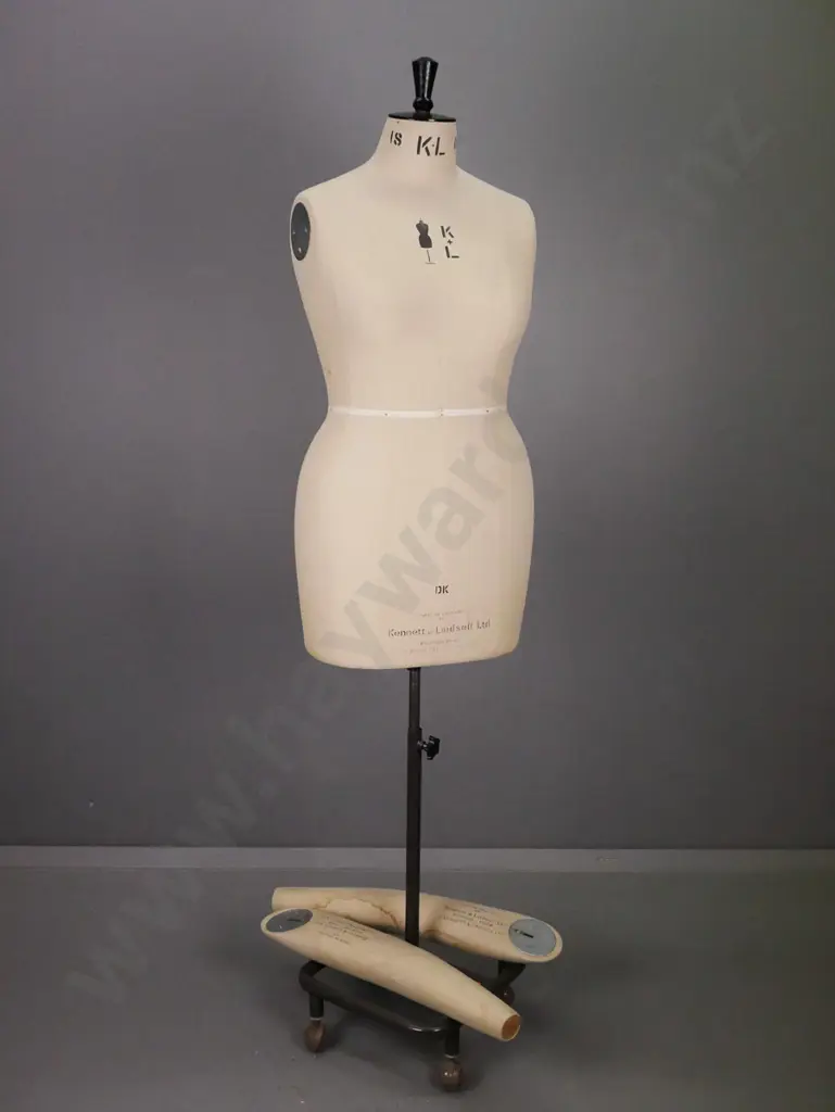 vintage dressmaker's form on adjustable metal stand w/ Shepherd's casters, marked Kennett & Lindsell Ltd England size 18 Image 1++