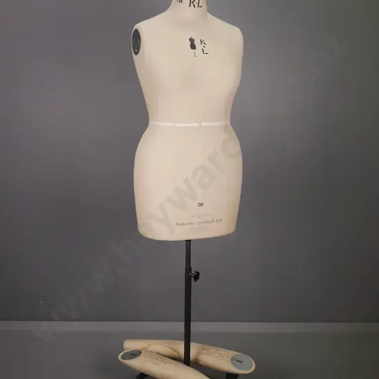 vintage dressmaker's form on adjustable metal stand w/ Shepherd's casters, marked Kennett & Lindsell Ltd England size 18